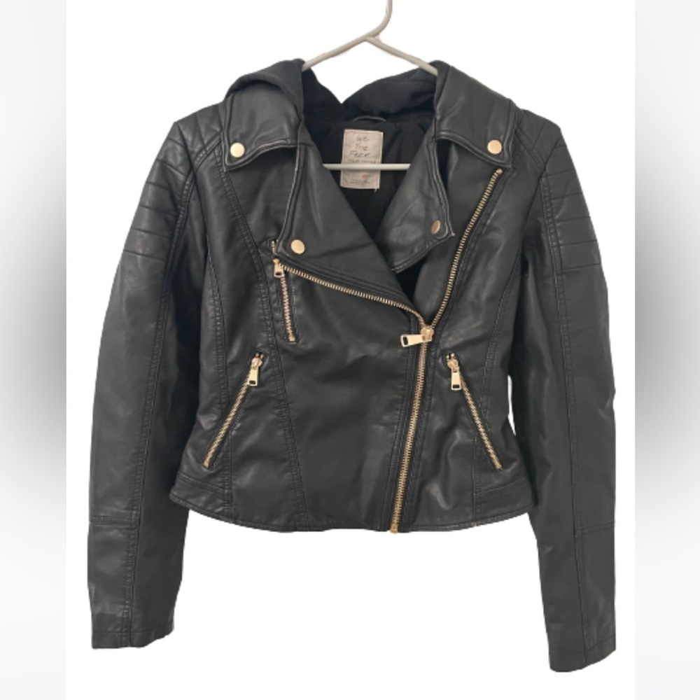 We the Free Hooded Black Vegan Leather Jacket. Size XS.
